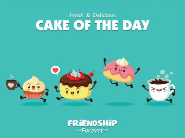 Vintage gıda afiş tasarımı vektör kahve, kek, kurabiye karakter ile.