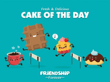 Vintage gıda afiş tasarımı vektör kahve, kek, kurabiye karakter ile.