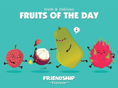 Vintage gıda afiş tasarımı vektör lychee, mangosten, papaya, dragon meyve karakter ile.