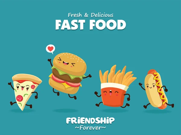 Diseño de póster de comida vintage con pizza, hamburguesa, hot dog, personaje de papas fritas . — Vector de stock