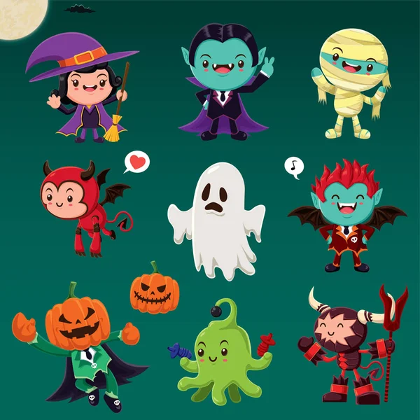 Vintage Halloween plakát design s vektor démon, čarodějnice, upír, mumie, ghost, alien, monstrum charakter. — Stockový vektor