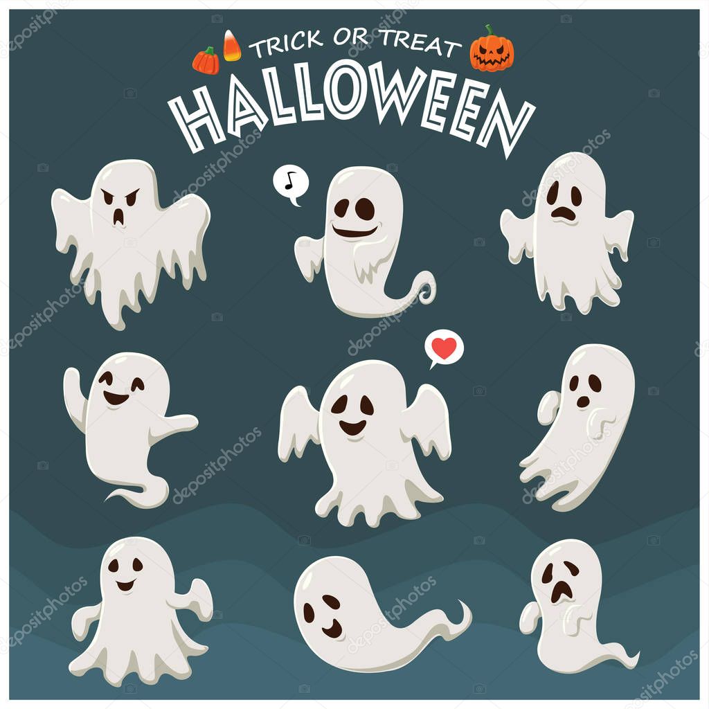 Vintage Halloween poster design with vector ghost character. 