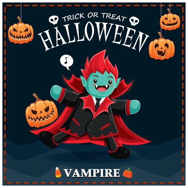 Design de cartaz de Halloween vintage com caráter de vampiro vetorial . —  Vetores de Stock