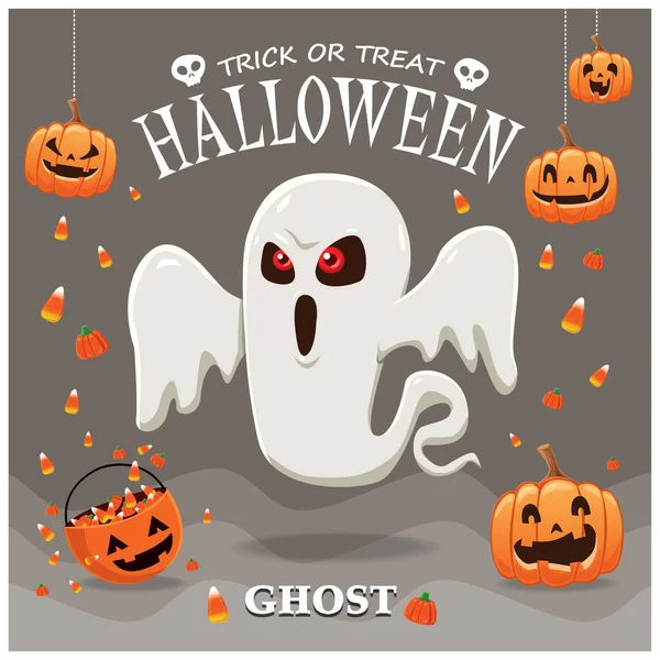 Diseño de póster de Halloween vintage con carácter fantasma vectorial. — Vector de stock