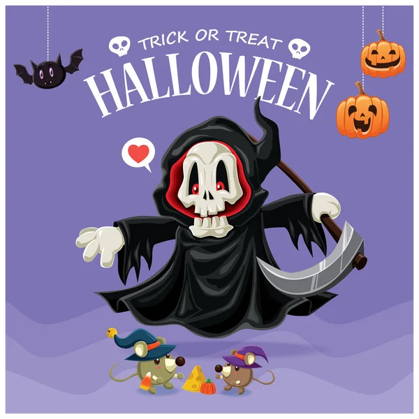 Design de cartaz de Halloween vintage com personagem de ceifeiro vetorial . —  Vetores de Stock