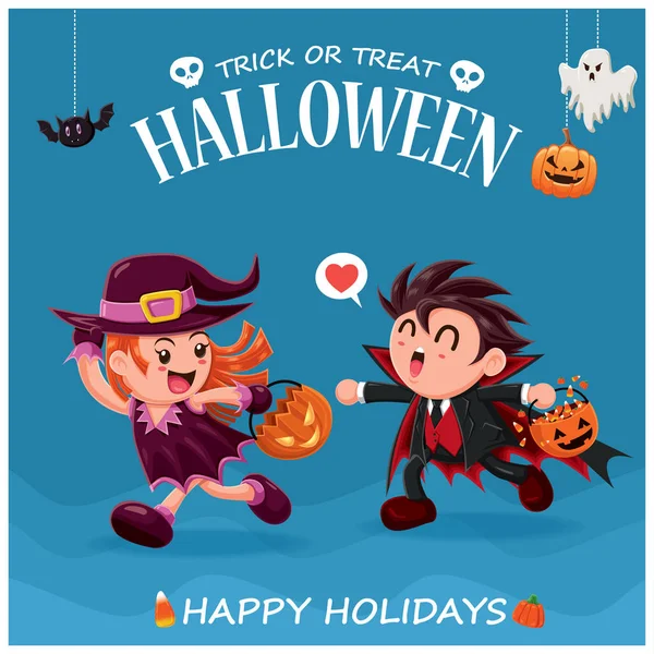 Desain poster Halloween dengan karakter vektor penyihir & vampir . - Stok Vektor