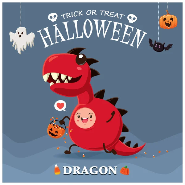 Винтажный плакат на Хэллоуин с персонажем дракона-монстра . — стоковый вектор