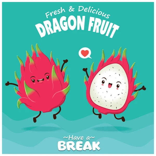 Vintage frukt affisch design med vektor dragon frukt karaktär. — Stock vektor