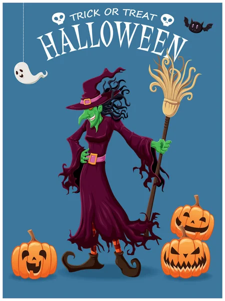 Vintage Halloween poster design con personaggio strega vettoriale. — Vettoriale Stock