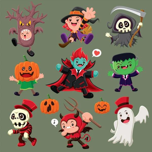 Винтажный плакат Хэллоуина с векторным демоном, проволокой, жнецом, вампиром, призраком, персонажем-монстром . — стоковый вектор