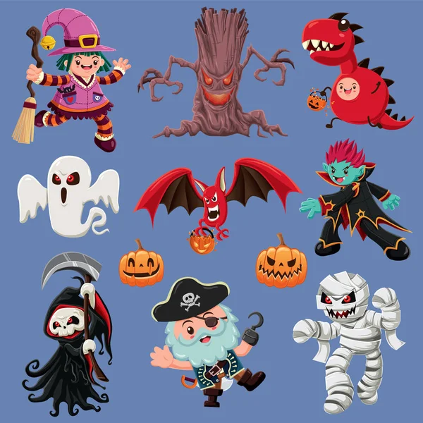 Design de cartaz de Halloween vintage com demônio vetorial, bruxa, vampiro, múmia, fantasma, morcego, pirata, ceifeiro, personagem monstro . — Vetor de Stock