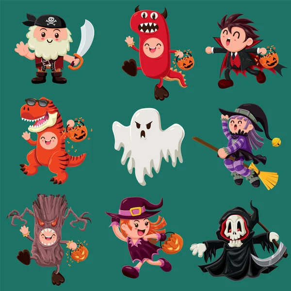 Vintage-Halloween-Plakat mit Vektordämon, Hexe, Schnitter, Vampir, Geist, Pirat, T-Rex, Monsterfigur. — Stockvektor