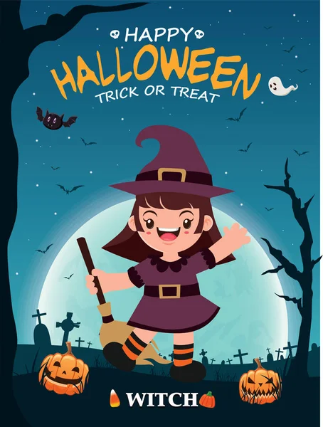 Vintage Halloween plakat projekt z postaci wektor czarownica. — Wektor stockowy