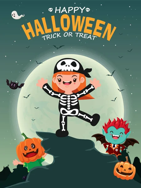 Diseño de póster de Halloween vintage con esqueleto vectorial chica, personaje vampiro . — Vector de stock