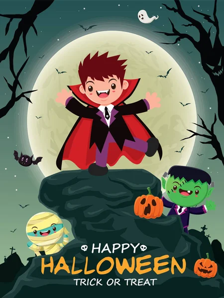 Design de cartaz de Halloween vintage com vampiro vetorial, caráter de múmia . — Vetor de Stock