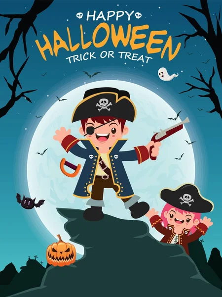 Vintage Halloween poster design with vector pirate character. — Stock Vector