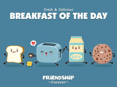 Vintage gıda afiş tasarımı ile ekmek, tereyağı, ekmek kızartma makinesi, süt ve kurabiye karakter.