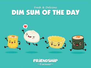 Vintage dim sum poster tasarım öğesi kümesi. Çin yemeği bir aperatif veya ana yemek servis çeşitli dolgular içeren küçük haşlanmış veya kızarmış lezzetli köfte.