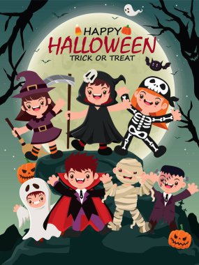 Vintage Halloween poster tasarımı vektör cadı, anne, iskelet, vampir, hayalet, ölüm meleği karakter ile. 