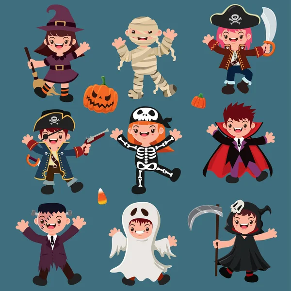 Vintage-Halloween-Plakatentwurf mit Vektorhexe, Mumie, Pirat, Skelett, Vampir, Geist, Schnitter. — Stockvektor