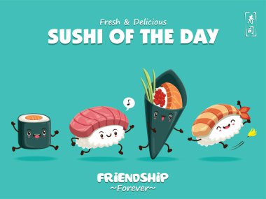 Vintage suşi afiş tasarımı vektör suşi karakter ile. Çince kelime suşi anlamına gelir..