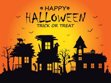 Vintage Halloween poster tasarım vektör cadı, vampir, yarasa. 