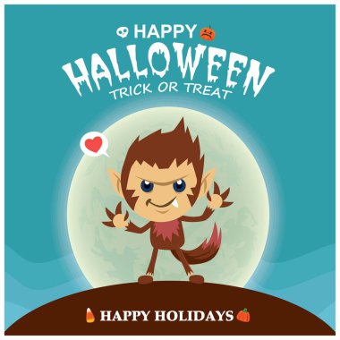 Vintage Halloween poster tasarımı vektör wolfman karakteri ile. 