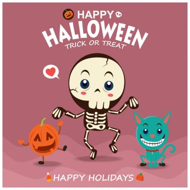Vintage Halloween poster tasarımı vektör iskelet ve kedi karakteri ile. 