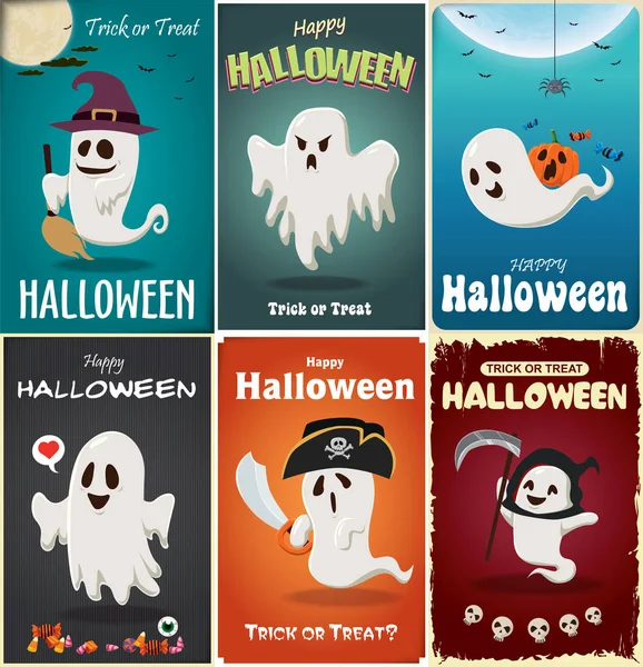 Design de cartaz de Halloween vintage com fantasma vetorial em demônio, bruxa, pirata, ceifeiro, traje de monstro . — Vetor de Stock