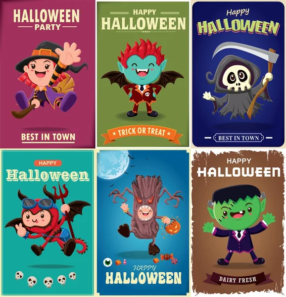 Vintage Halloween poster design with vector vampire, witch, tree monster, reaper character. — Stock Vector