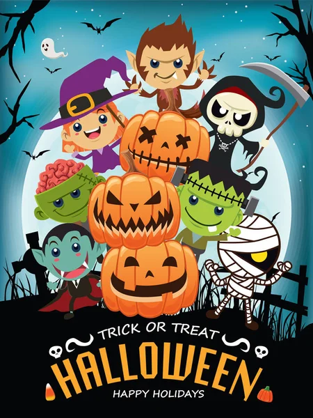 Vintage Halloween poster design with vector vampire, witch, ghost, wolf man, mummy, reaper, zombie character. — Stock Vector