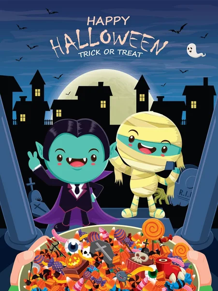 Desain poster Halloween kuno dengan karakter vektor vampir & mumi . - Stok Vektor