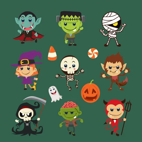 Vintage Halloween affisch design med vektor häxa, mumie, häxa, zombie, djävulen, skelett, vampyr, ghost, reaper, wolfman, ghost karaktär. — Stock vektor