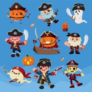 Vintage Halloween poster tasarımı vektör korsanlar karakterlerle. 