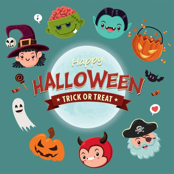 Design de cartaz de Halloween vintage com fantasma, bruxas, vampiros, ceifeiro, zumbi, dragão, personagem . — Vetor de Stock