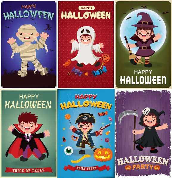 Vintage Halloween plakát design s vektor upír, mumie, duch, čarodějnice, Smrtka, pirátské postavy. — Stockový vektor