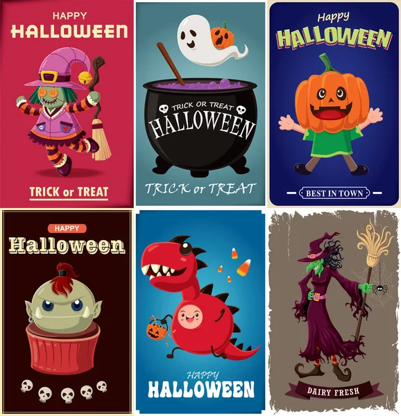 Vintage halloween poster design mit vektorhexe, geist, zombie, drache, figuren. — Stockvektor