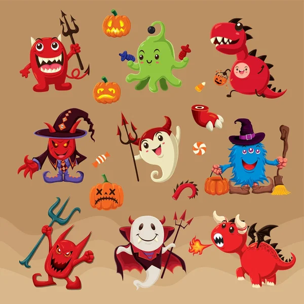 Винтажный плакат на Хэллоуин с векторными париками, призраками, вампирами, драконами и инопланетными персонажами . — стоковый вектор