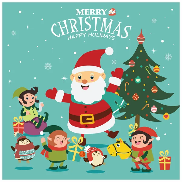 Diseño de póster navideño vintage con vector Santa Claus, muñeco de nieve, pingüino, personajes elfos . — Vector de stock
