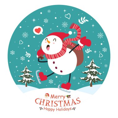 Vintage Noel poster tasarımı vektör kardan adam, Noel Baba, elf karakterlerle.