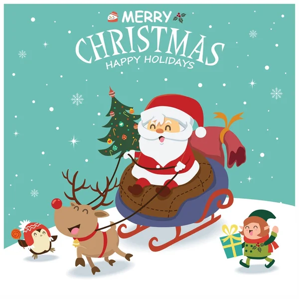 Design de cartaz de Natal vintage com vetor Papai Noel, boneco de neve, pinguim, personagens de elfo . —  Vetores de Stock