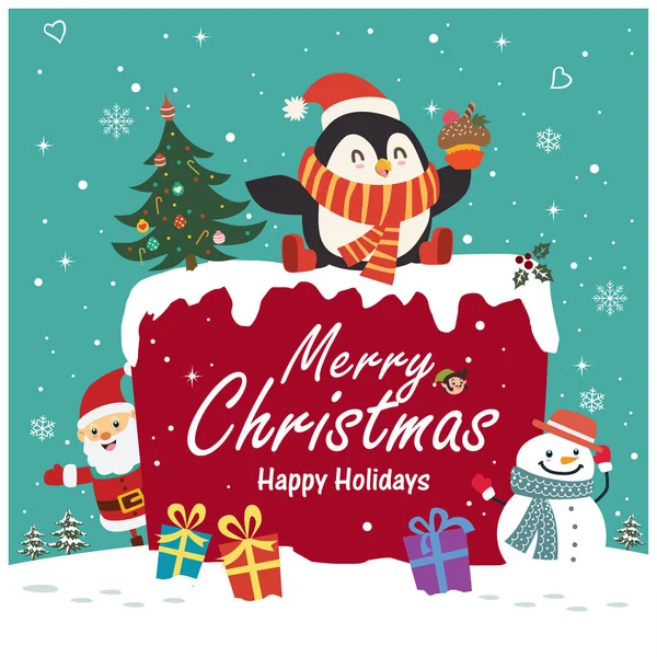 Винтажный рождественский плакат с пингвином, снеговиком, Санта-Клаусом и другими персонажами . — стоковый вектор