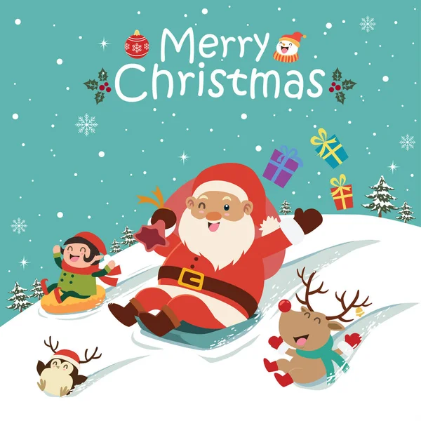 Vintage Christmas Poster Design Vector Snowman Santa Claus Elf Penguin — Stock Vector