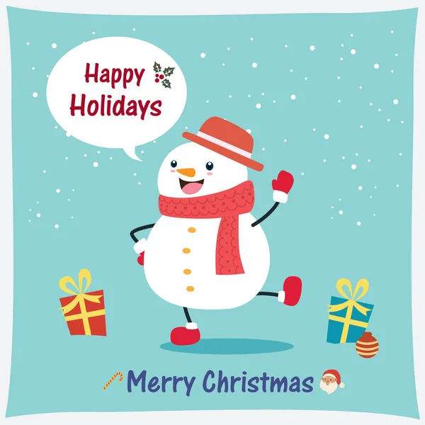 Винтажный Дизайн Рождественского Плаката Векторным Снеговиком Персонажами Санта Клауса — стоковый вектор