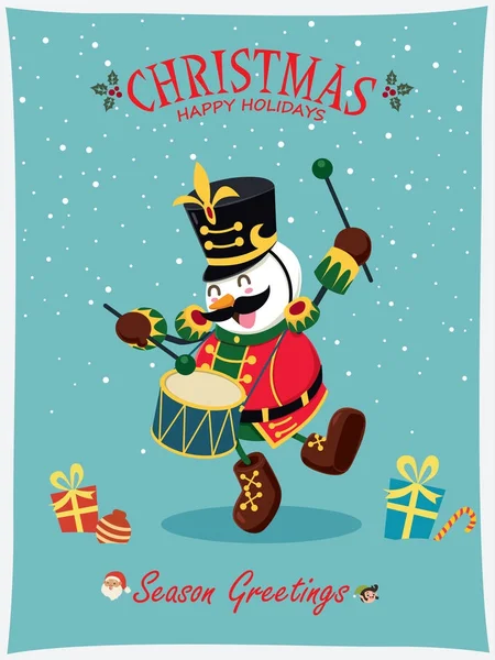 Винтажный Рождественский Плакат Игрушечным Солдатом Санта Клаусом Снеговиком Другими Персонажами — стоковый вектор