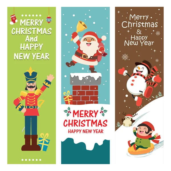 Vintage Christmas Poster Design Vector Toy Soldier Santa Claus Elf — Stock Vector
