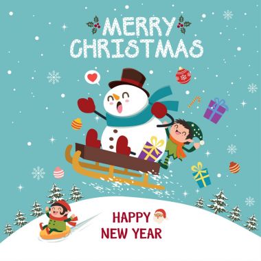 Vintage Noel poster tasarımı vektör elf, kardan adam, Noel Baba karakterler.