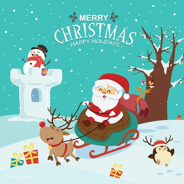 Винтажный Рождественский Плакат Дедом Морозом Снеговиком Персонажами — стоковый вектор