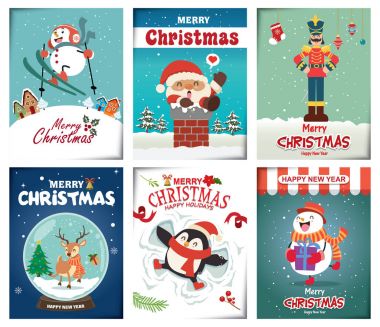 Vintage Noel poster tasarımı ile vektör Noel Baba, elf, Penguen, oyuncak asker karakterler.
