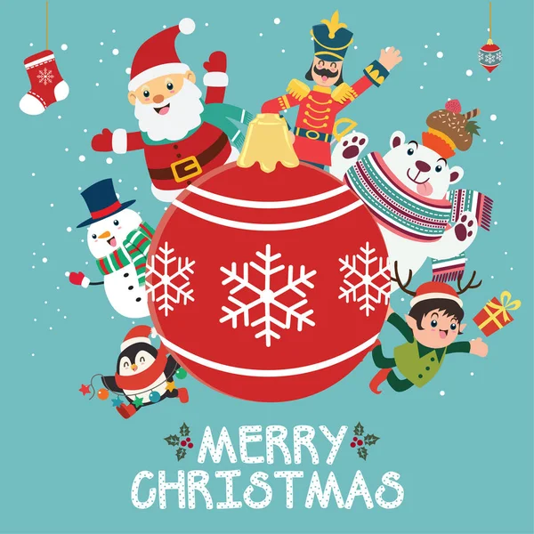 Vintage Christmas Poster Design Vector Toy Soldier Santa Claus Elf — Stock Vector